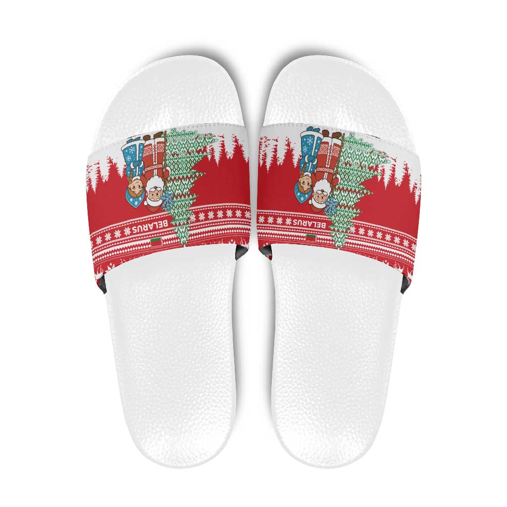 Belarus Christmas Slide Sandals with Ded Moroz Snow Maiden Christmas Tree and Nordic Pattern Design - Wonder Print Shop