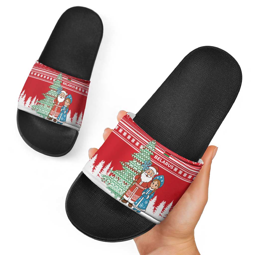 Belarus Christmas Slide Sandals with Ded Moroz Snow Maiden Christmas Tree and Nordic Pattern Design - Wonder Print Shop