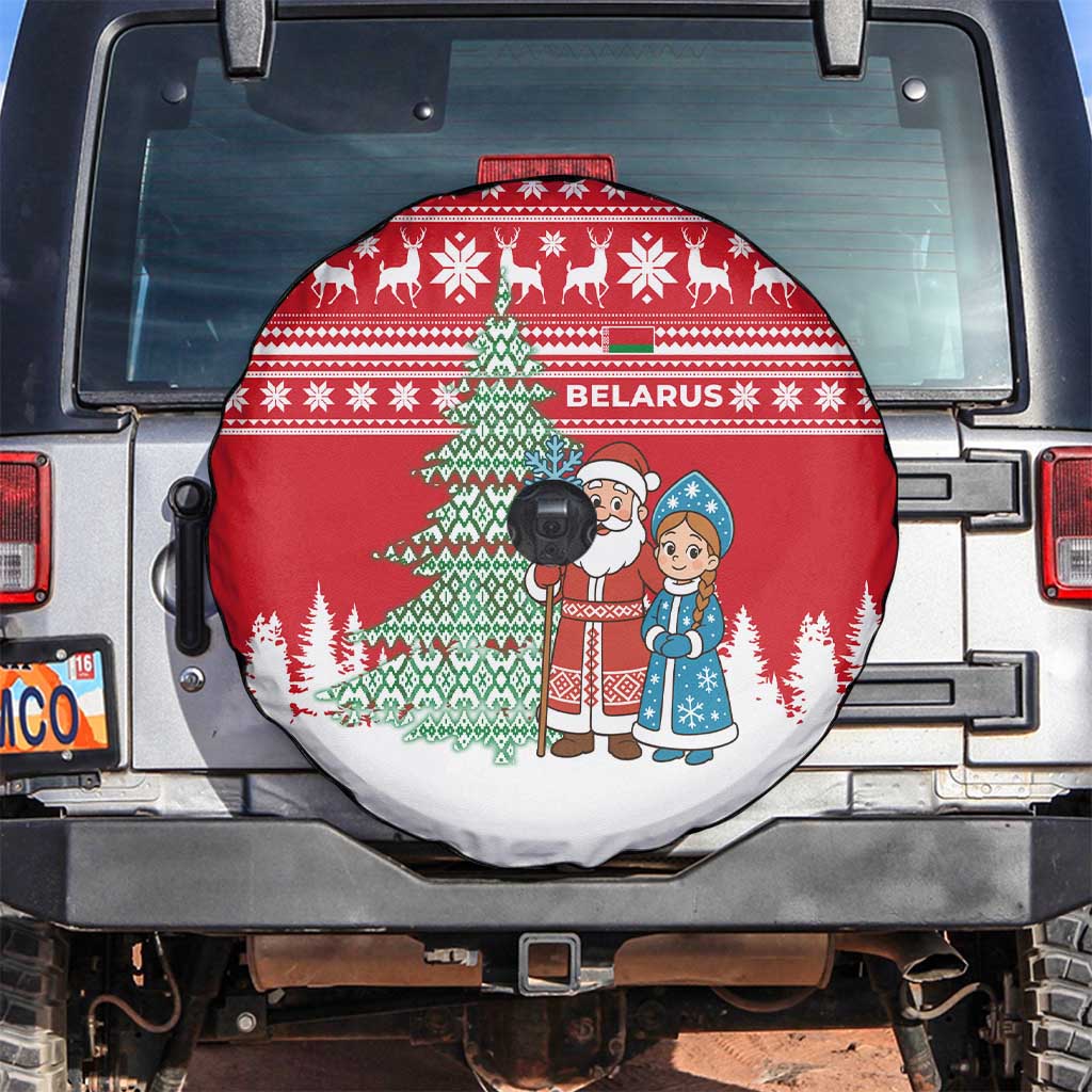 Belarus Christmas Spare Tire Cover with Ded Moroz Snow Maiden Christmas Tree and Nordic Pattern Design - Wonder Print Shop