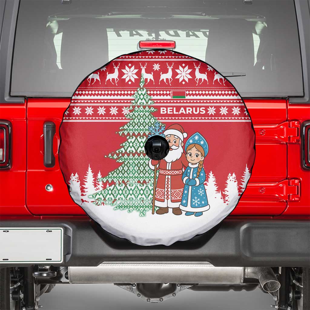 Belarus Christmas Spare Tire Cover with Ded Moroz Snow Maiden Christmas Tree and Nordic Pattern Design - Wonder Print Shop