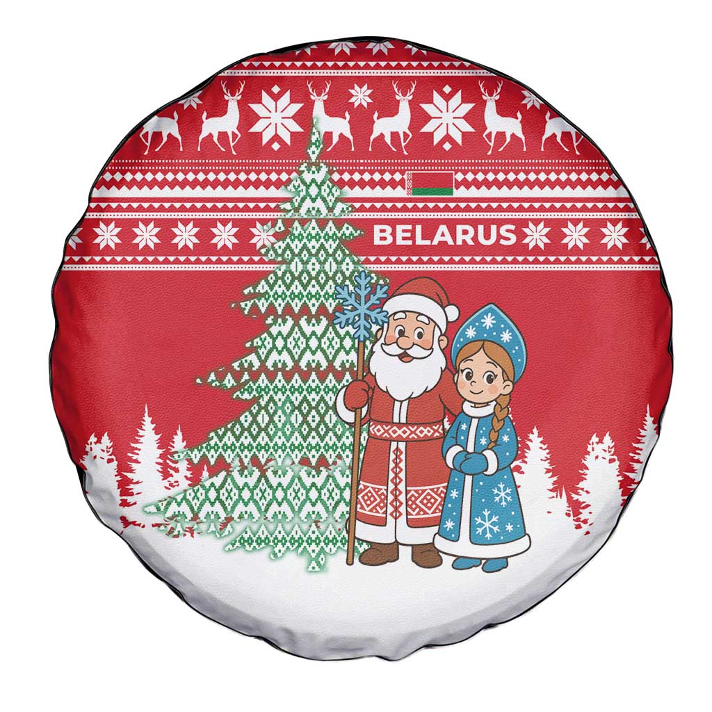 Belarus Christmas Spare Tire Cover with Ded Moroz Snow Maiden Christmas Tree and Nordic Pattern Design - Wonder Print Shop