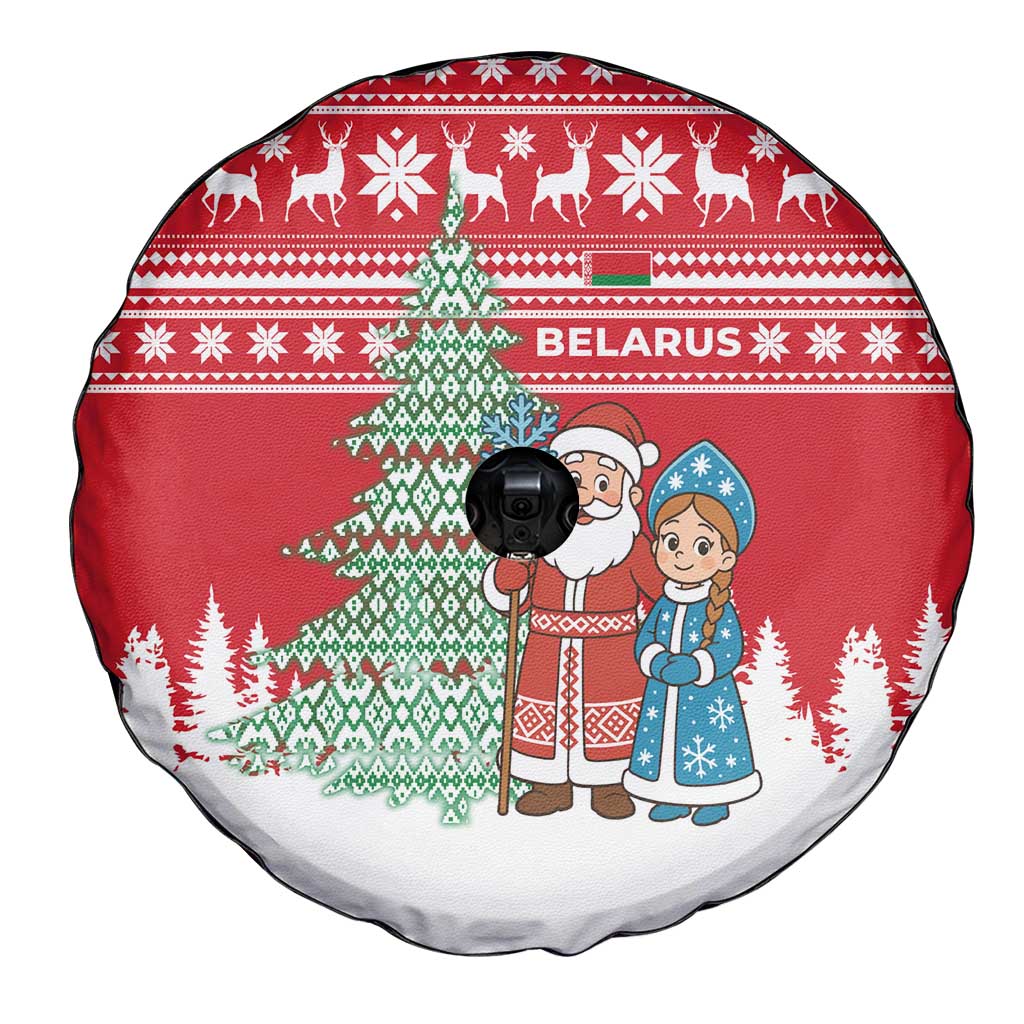 Belarus Christmas Spare Tire Cover with Ded Moroz Snow Maiden Christmas Tree and Nordic Pattern Design - Wonder Print Shop