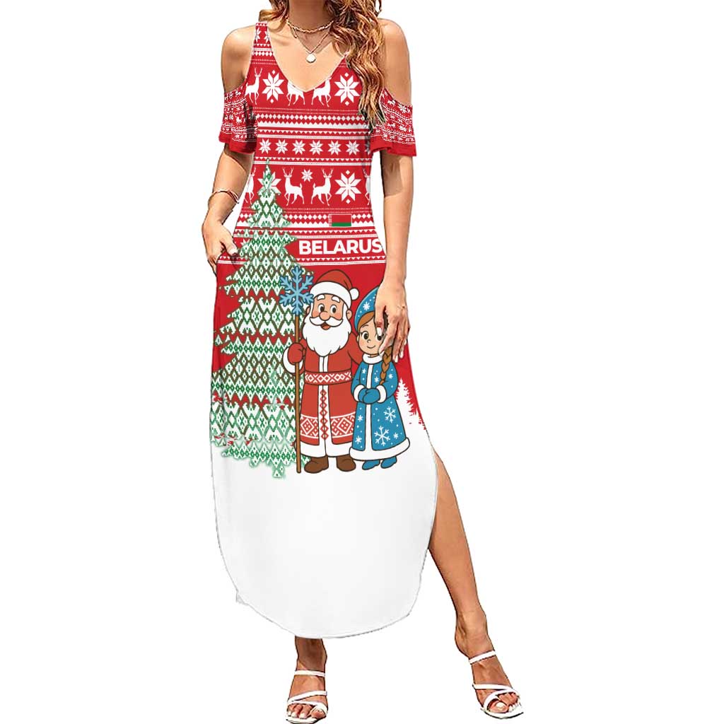 Belarus Christmas Summer Maxi Dress with Ded Moroz Snow Maiden Christmas Tree and Nordic Pattern Design - Wonder Print Shop
