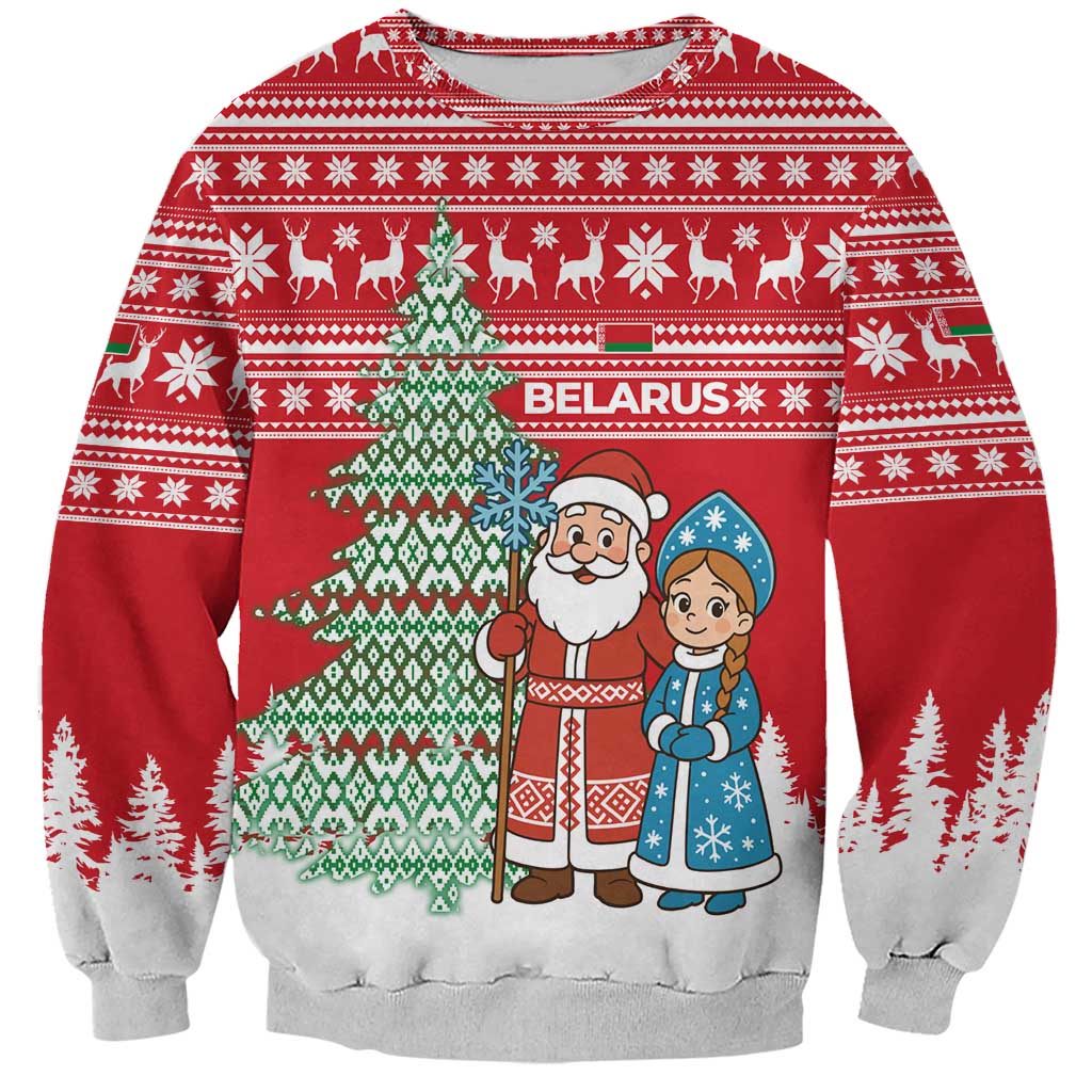 Belarus Christmas Sweatshirt with Ded Moroz Snow Maiden Christmas Tree and Nordic Pattern Design - Wonder Print Shop