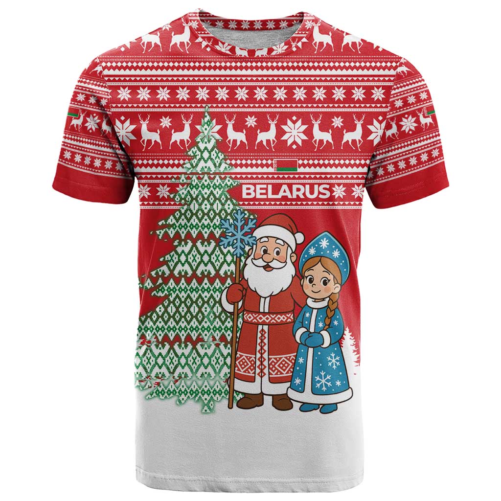 Belarus Christmas T Shirt with Ded Moroz Snow Maiden Christmas Tree and Nordic Pattern Design - Wonder Print Shop