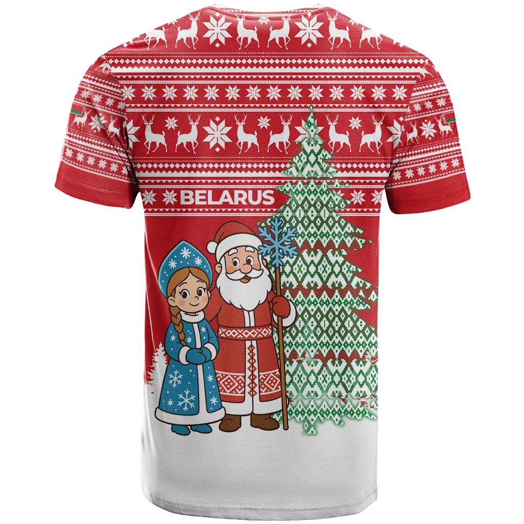 Belarus Christmas T Shirt with Ded Moroz Snow Maiden Christmas Tree and Nordic Pattern Design - Wonder Print Shop