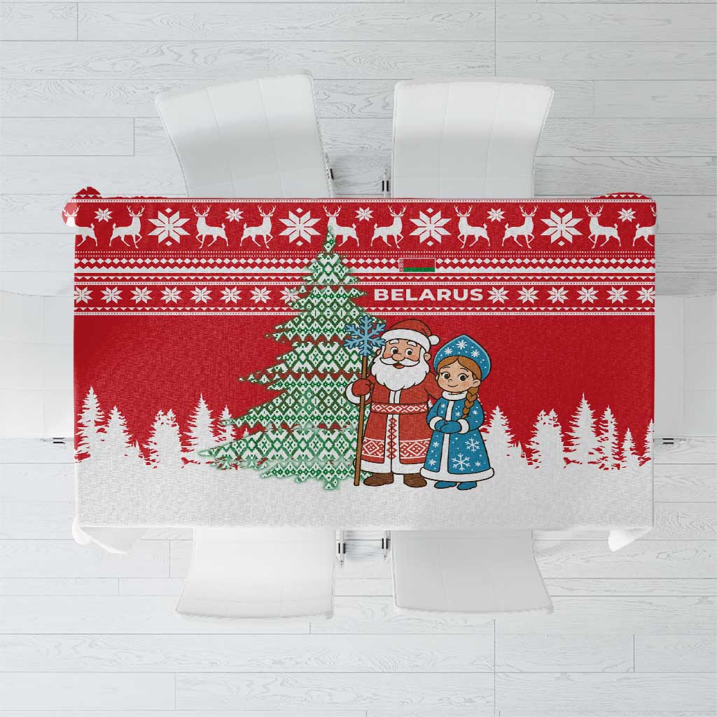 Belarus Christmas Tablecloth with Ded Moroz Snow Maiden Christmas Tree and Nordic Pattern Design - Wonder Print Shop