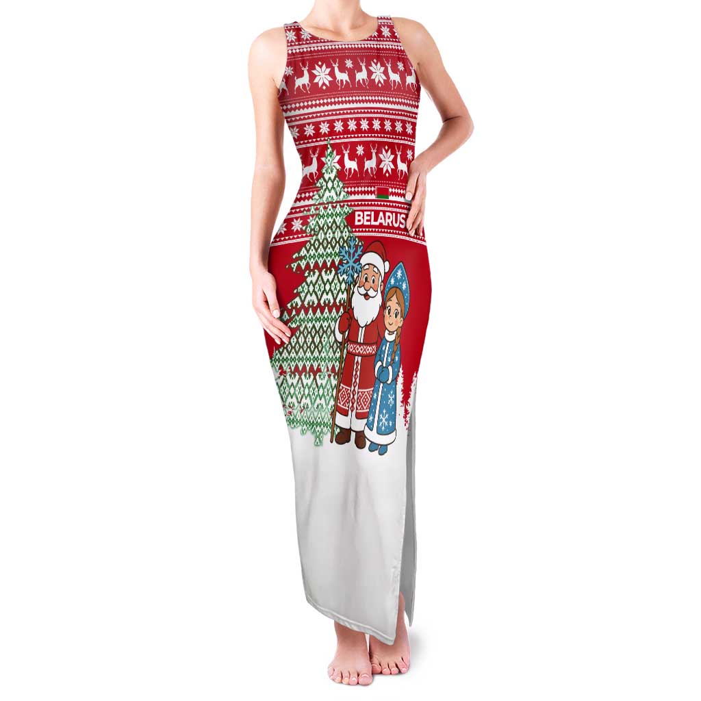 Belarus Christmas Tank Maxi Dress with Ded Moroz Snow Maiden Christmas Tree and Nordic Pattern Design - Wonder Print Shop