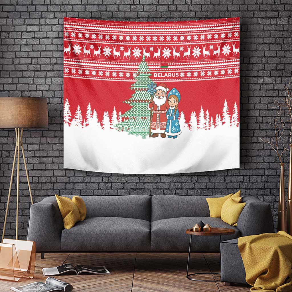 Belarus Christmas Tapestry with Ded Moroz Snow Maiden Christmas Tree and Nordic Pattern Design - Wonder Print Shop