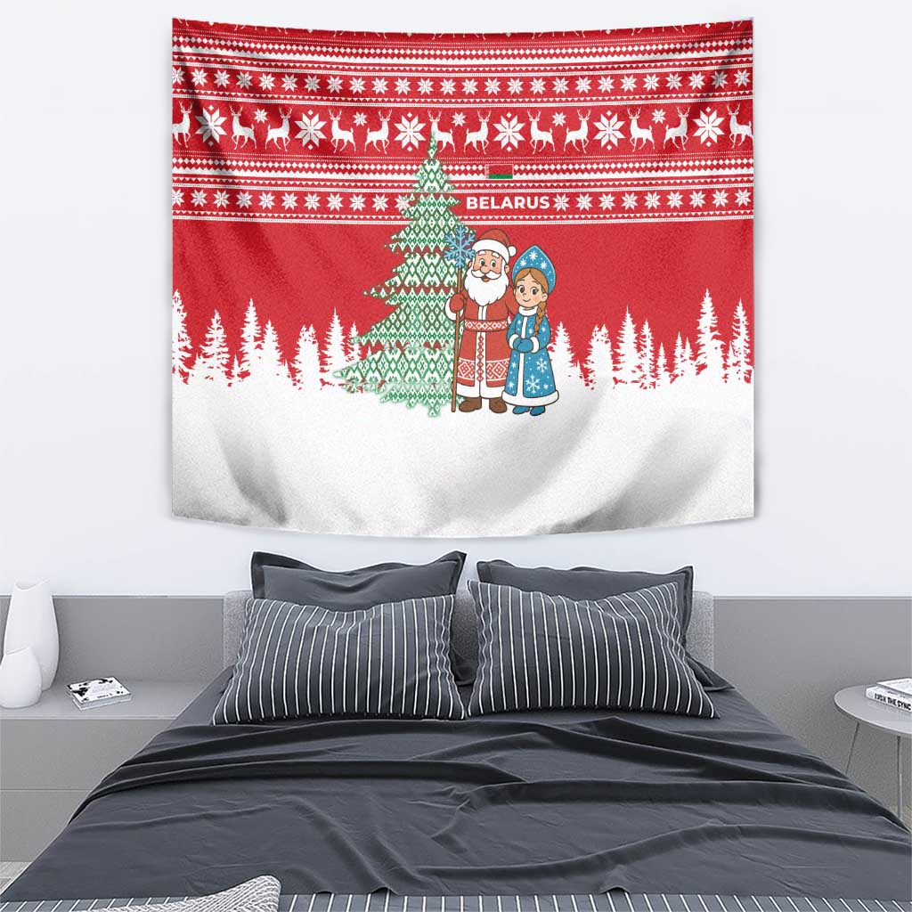 Belarus Christmas Tapestry with Ded Moroz Snow Maiden Christmas Tree and Nordic Pattern Design - Wonder Print Shop