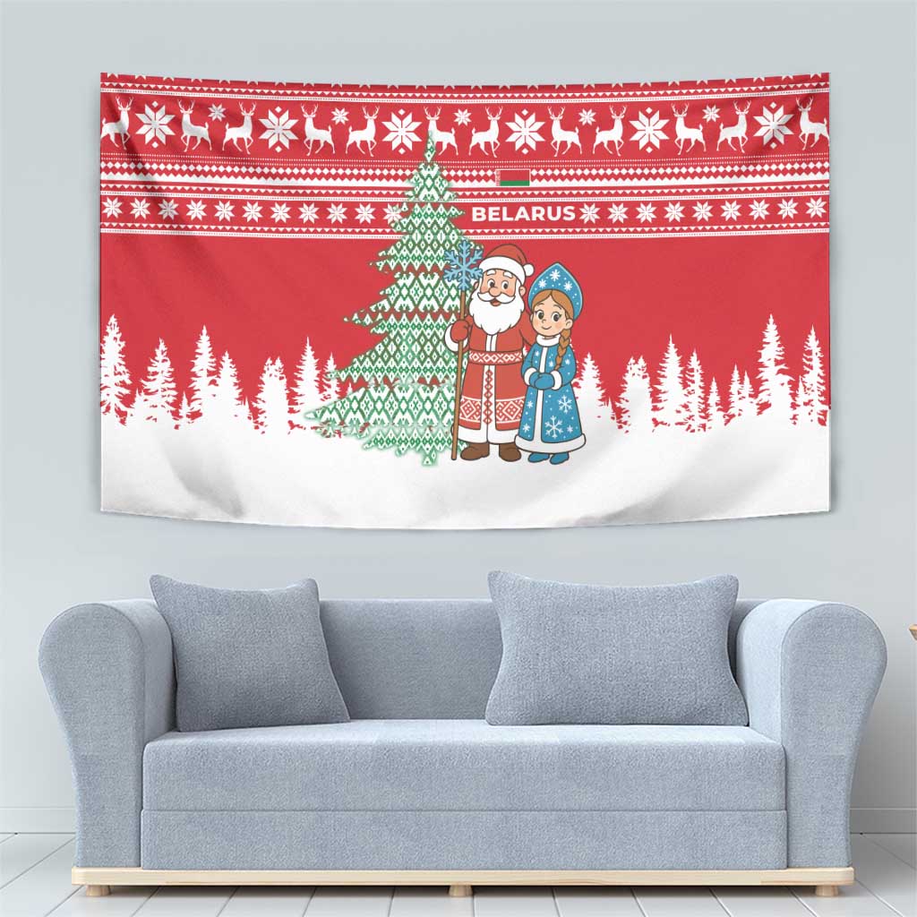 Belarus Christmas Tapestry with Ded Moroz Snow Maiden Christmas Tree and Nordic Pattern Design - Wonder Print Shop