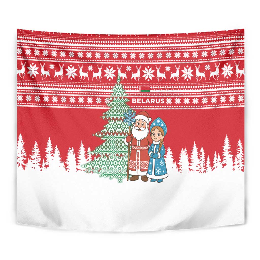 Belarus Christmas Tapestry with Ded Moroz Snow Maiden Christmas Tree and Nordic Pattern Design - Wonder Print Shop