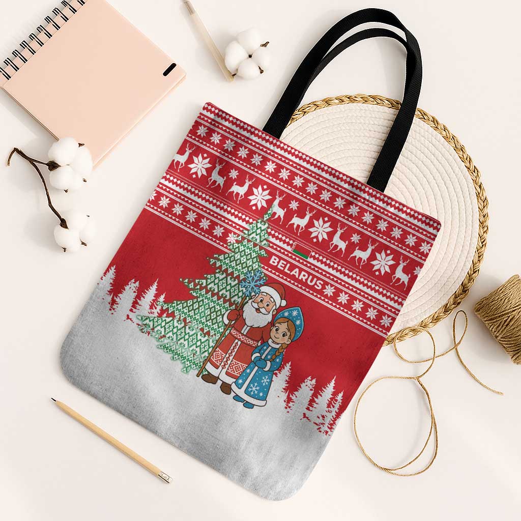 Belarus Christmas Tote Bag with Ded Moroz Snow Maiden Christmas Tree and Nordic Pattern Design - Wonder Print Shop