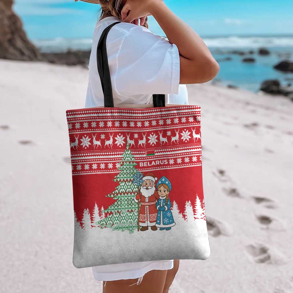 Belarus Christmas Tote Bag with Ded Moroz Snow Maiden Christmas Tree and Nordic Pattern Design - Wonder Print Shop