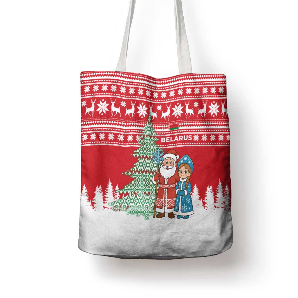 Belarus Christmas Tote Bag with Ded Moroz Snow Maiden Christmas Tree and Nordic Pattern Design - Wonder Print Shop