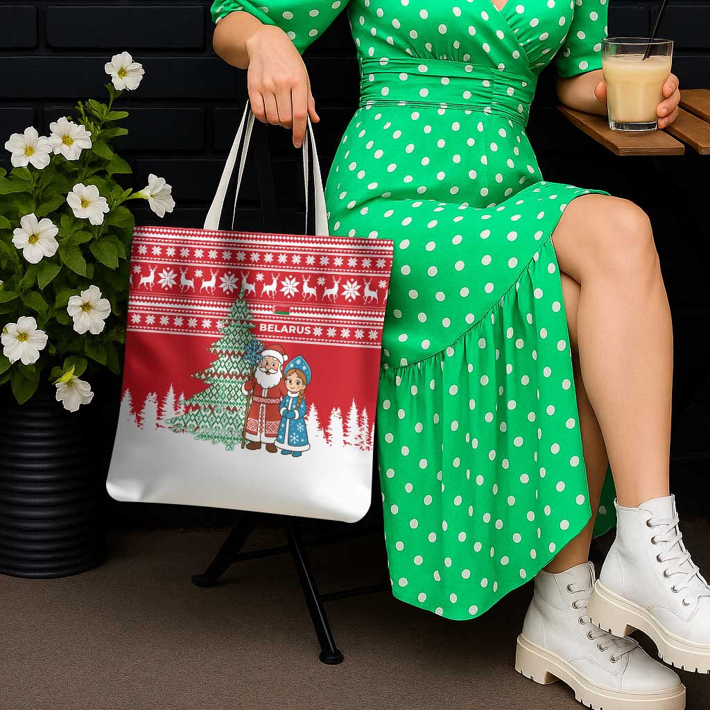 Belarus Christmas Tote Bag with Ded Moroz Snow Maiden Christmas Tree and Nordic Pattern Design - Wonder Print Shop