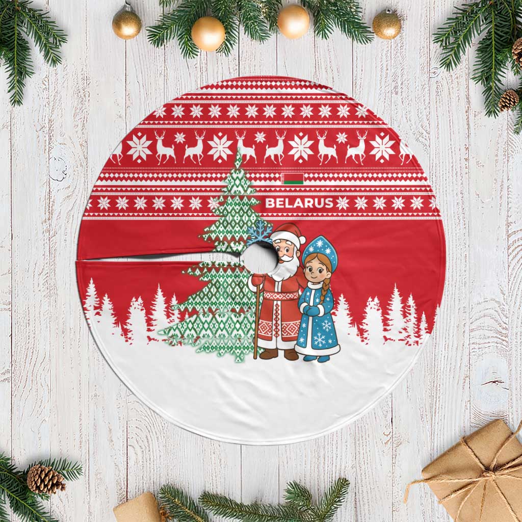 Belarus Christmas Tree Skirt with Ded Moroz Snow Maiden Christmas Tree and Nordic Pattern Design - Wonder Print Shop