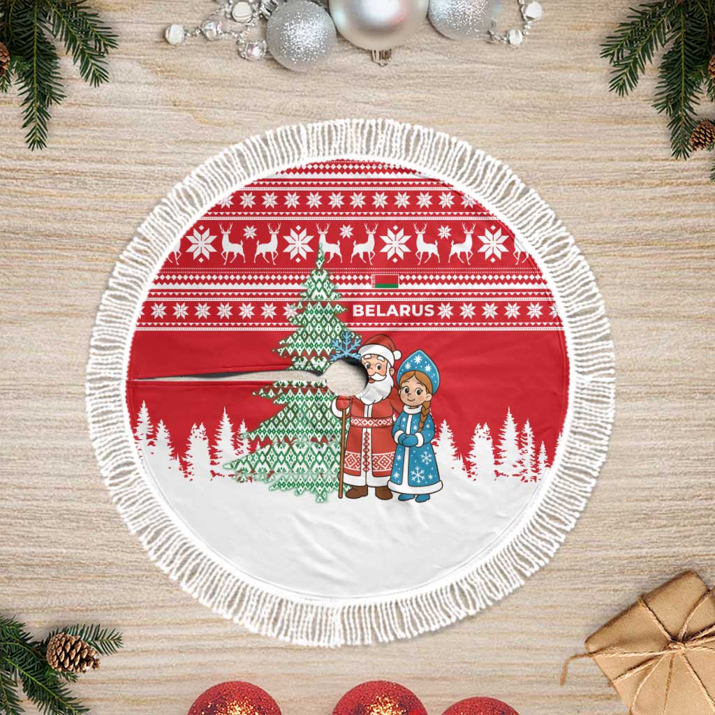 Belarus Christmas Tree Skirt with Ded Moroz Snow Maiden Christmas Tree and Nordic Pattern Design - Wonder Print Shop
