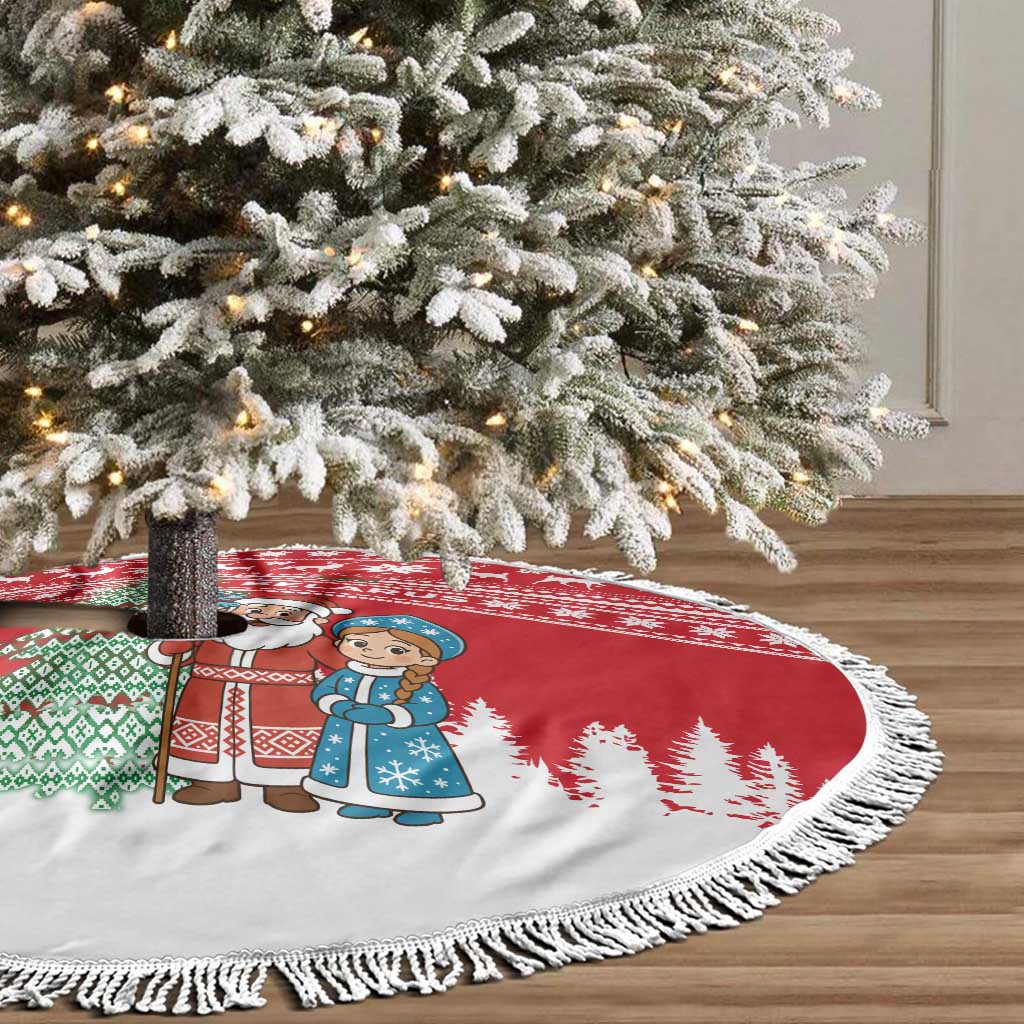Belarus Christmas Tree Skirt with Ded Moroz Snow Maiden Christmas Tree and Nordic Pattern Design - Wonder Print Shop