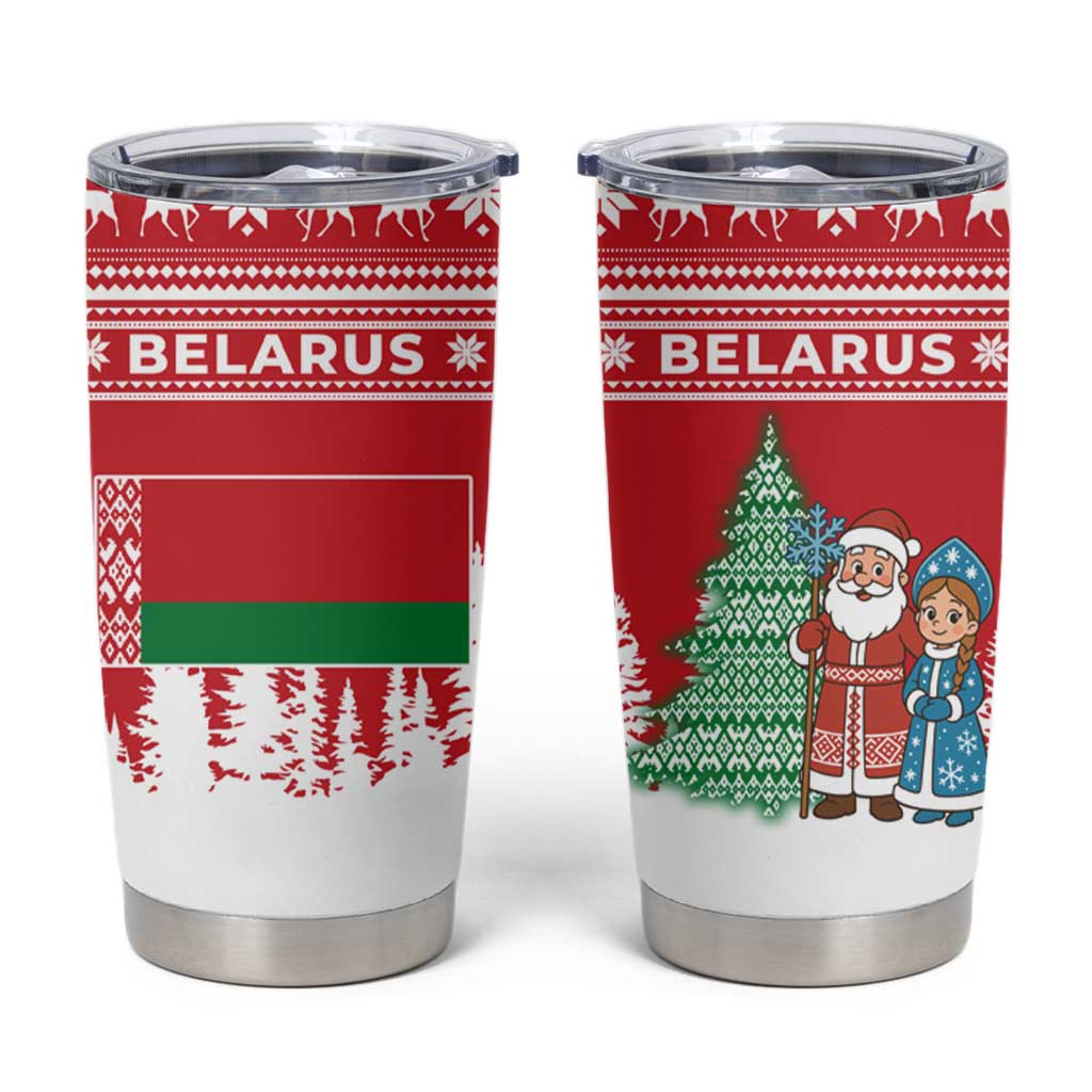 Belarus Christmas Tumbler Cup with Ded Moroz Snow Maiden Christmas Tree and Nordic Pattern Design - Wonder Print Shop