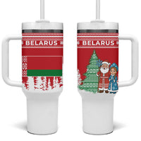 Belarus Christmas Tumbler With Handle with Ded Moroz Snow Maiden Christmas Tree and Nordic Pattern Design - Wonder Print Shop
