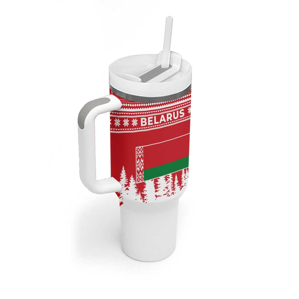 Belarus Christmas Tumbler With Handle with Ded Moroz Snow Maiden Christmas Tree and Nordic Pattern Design - Wonder Print Shop