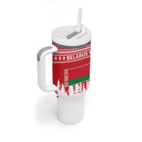 Belarus Christmas Tumbler With Handle with Ded Moroz Snow Maiden Christmas Tree and Nordic Pattern Design - Wonder Print Shop