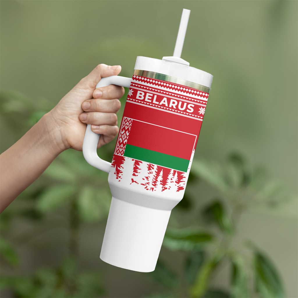 Belarus Christmas Tumbler With Handle with Ded Moroz Snow Maiden Christmas Tree and Nordic Pattern Design - Wonder Print Shop