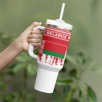 Belarus Christmas Tumbler With Handle with Ded Moroz Snow Maiden Christmas Tree and Nordic Pattern Design - Wonder Print Shop