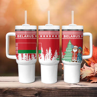 Belarus Christmas Tumbler With Handle with Ded Moroz Snow Maiden Christmas Tree and Nordic Pattern Design - Wonder Print Shop