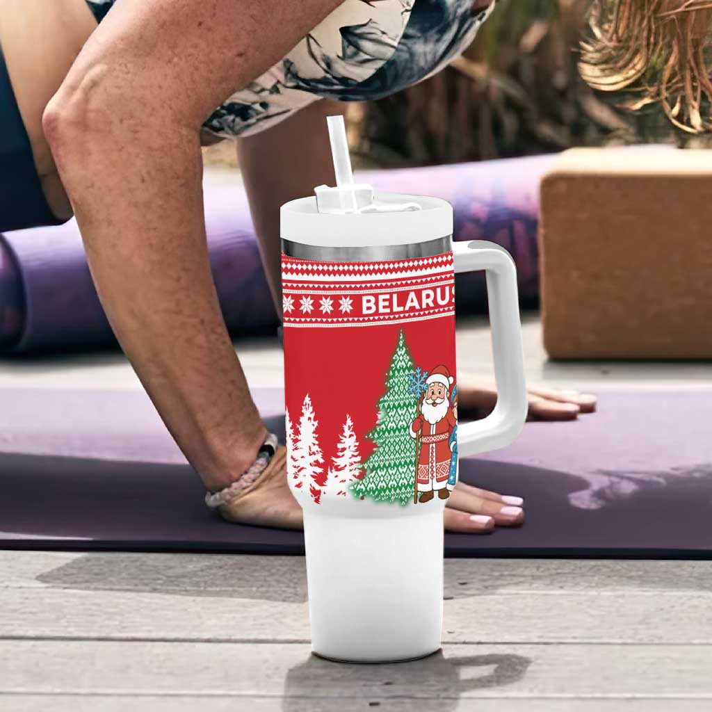 Belarus Christmas Tumbler With Handle with Ded Moroz Snow Maiden Christmas Tree and Nordic Pattern Design - Wonder Print Shop