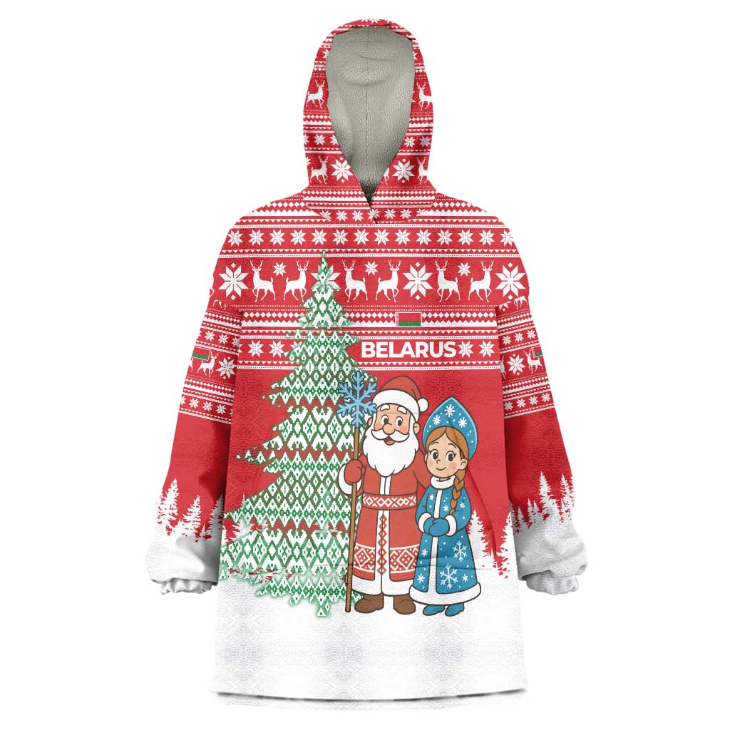 Belarus Christmas Wearable Blanket Hoodie with Ded Moroz Snow Maiden Christmas Tree and Nordic Pattern Design - Wonder Print Shop