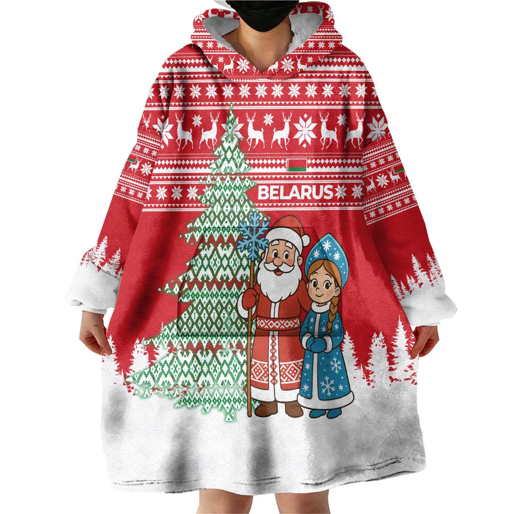 Belarus Christmas Wearable Blanket Hoodie with Ded Moroz Snow Maiden Christmas Tree and Nordic Pattern Design - Wonder Print Shop