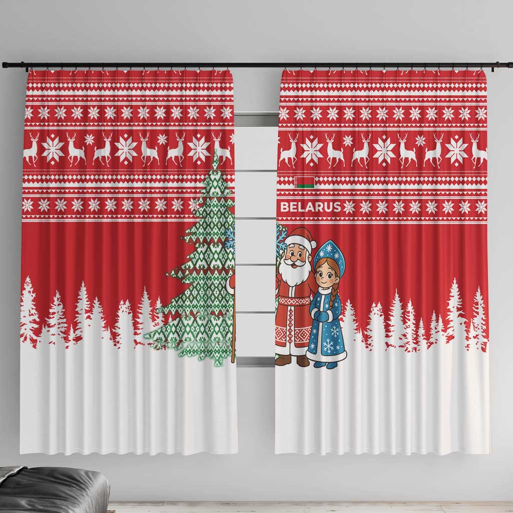 Belarus Christmas Window Curtain with Ded Moroz Snow Maiden Christmas Tree and Nordic Pattern Design - Wonder Print Shop