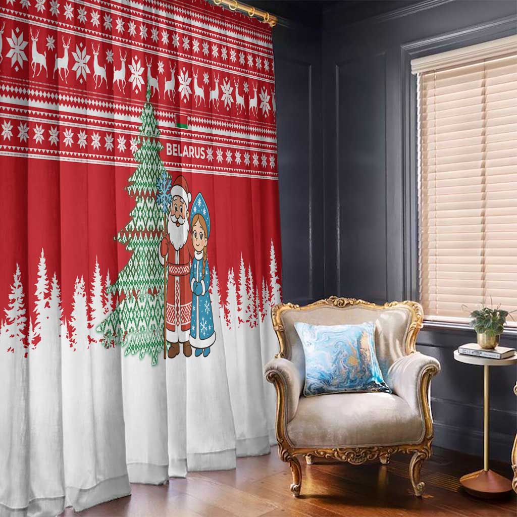 Belarus Christmas Window Curtain with Ded Moroz Snow Maiden Christmas Tree and Nordic Pattern Design - Wonder Print Shop