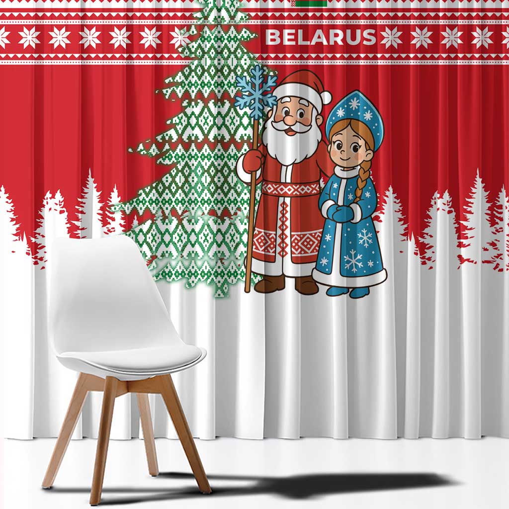 Belarus Christmas Window Curtain with Ded Moroz Snow Maiden Christmas Tree and Nordic Pattern Design - Wonder Print Shop