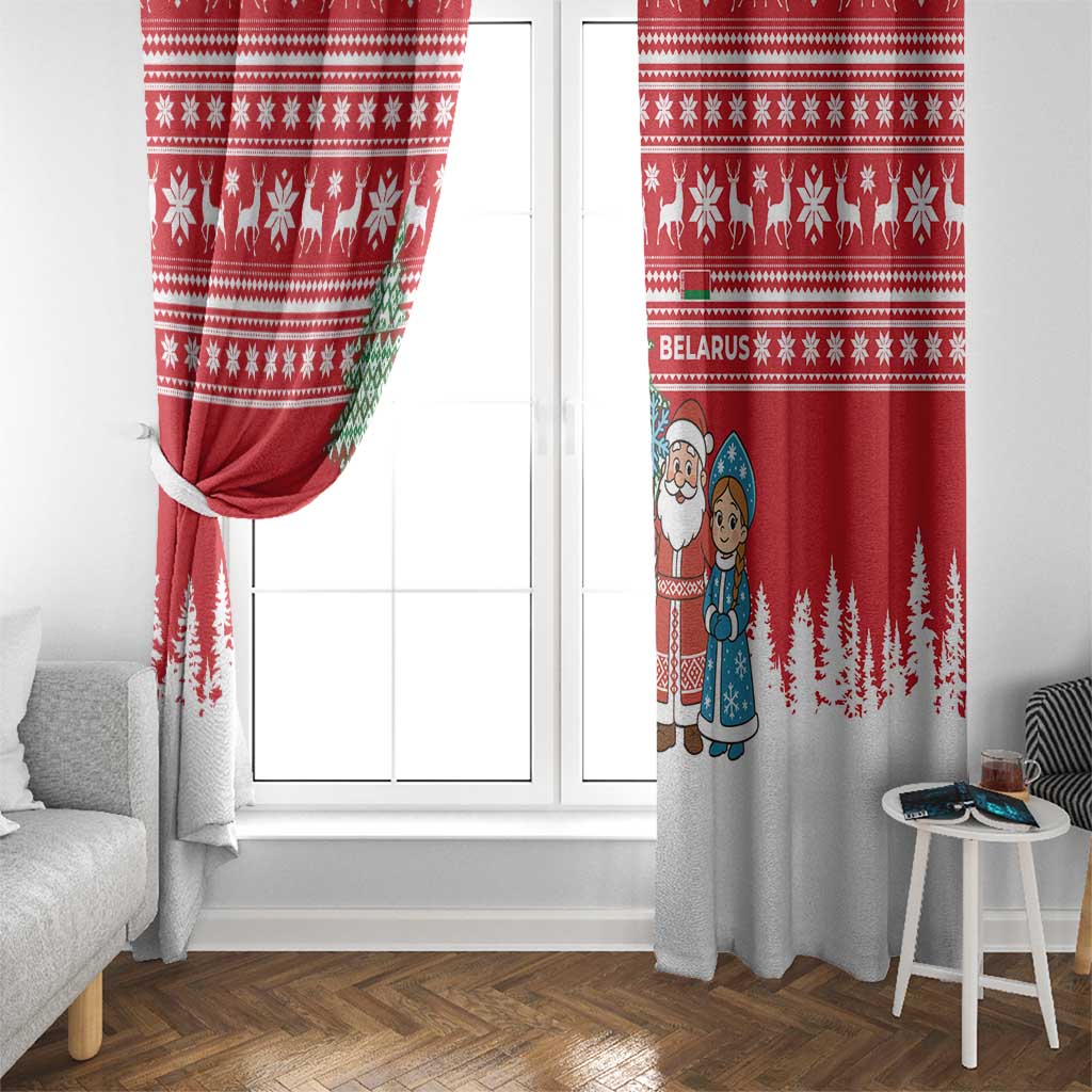Belarus Christmas Window Curtain with Ded Moroz Snow Maiden Christmas Tree and Nordic Pattern Design - Wonder Print Shop