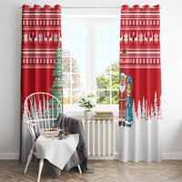 Belarus Christmas Window Curtain with Ded Moroz Snow Maiden Christmas Tree and Nordic Pattern Design - Wonder Print Shop