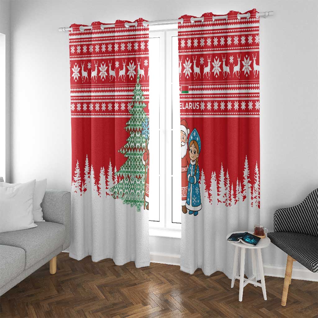 Belarus Christmas Window Curtain with Ded Moroz Snow Maiden Christmas Tree and Nordic Pattern Design - Wonder Print Shop