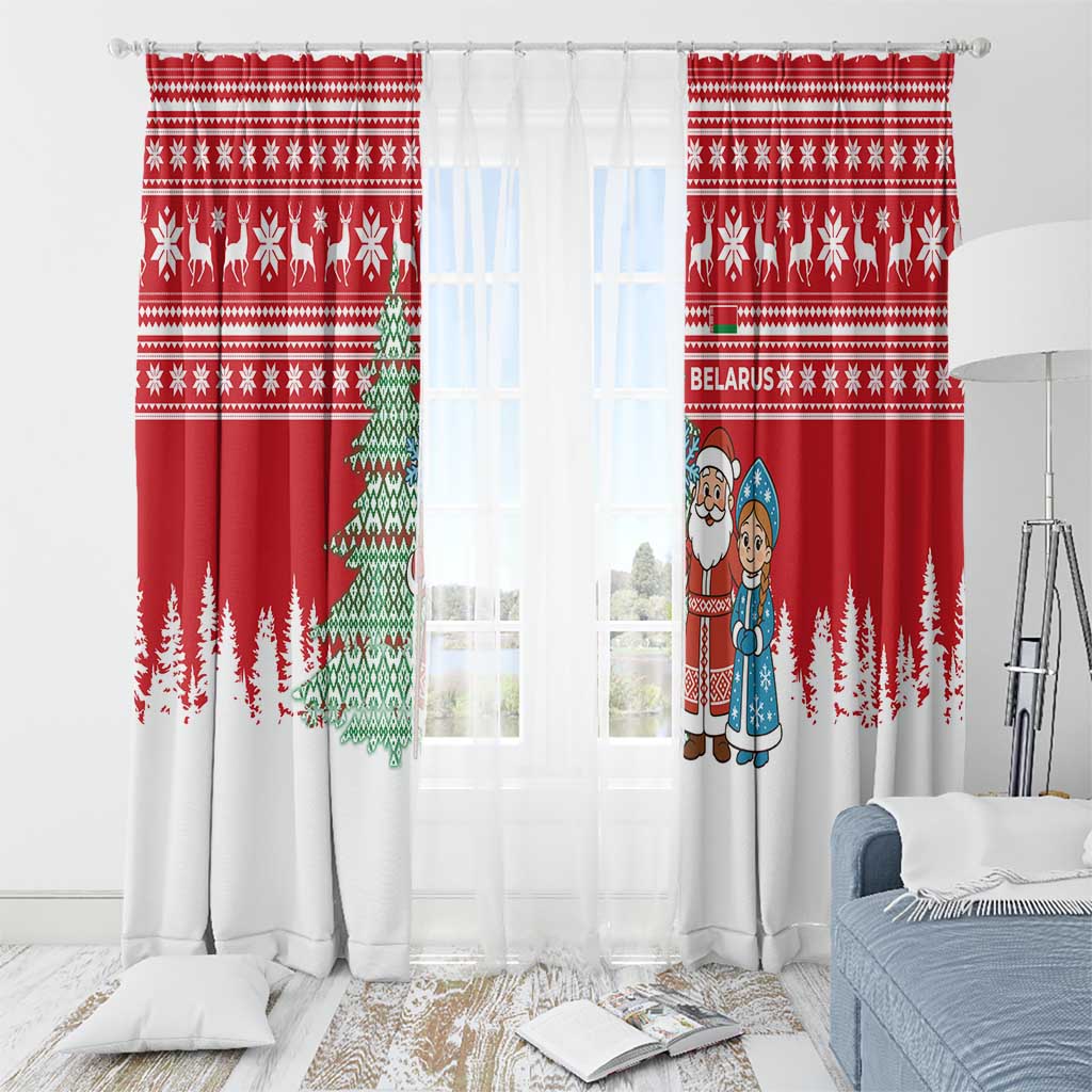Belarus Christmas Window Curtain with Ded Moroz Snow Maiden Christmas Tree and Nordic Pattern Design - Wonder Print Shop