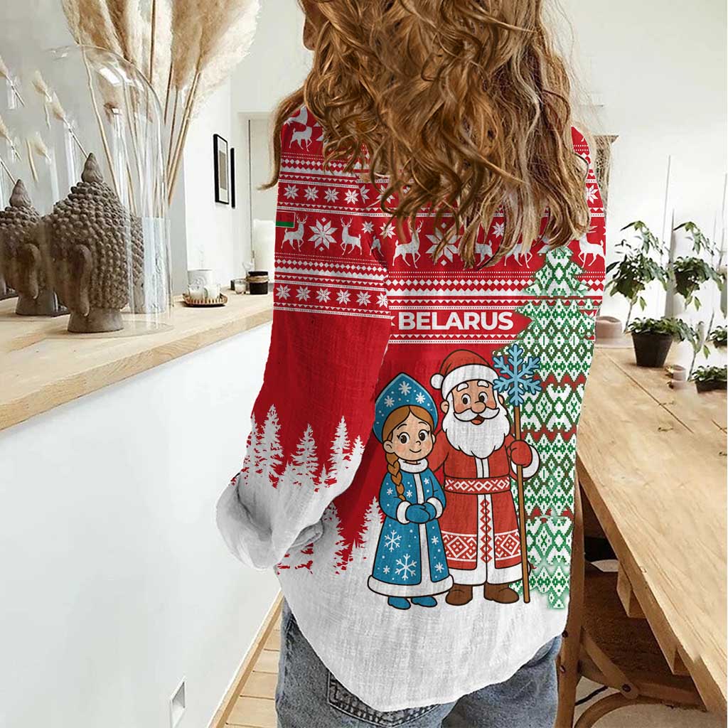 Belarus Christmas Women Casual Shirt with Ded Moroz Snow Maiden Christmas Tree and Nordic Pattern Design - Wonder Print Shop