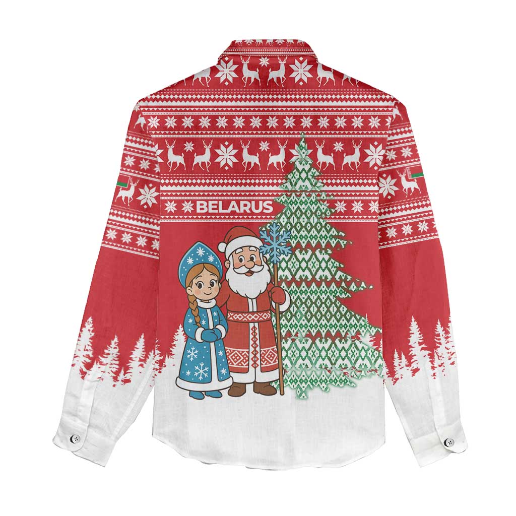 Belarus Christmas Women Casual Shirt with Ded Moroz Snow Maiden Christmas Tree and Nordic Pattern Design - Wonder Print Shop