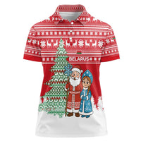 Belarus Christmas Women Polo Shirt with Ded Moroz Snow Maiden Christmas Tree and Nordic Pattern Design - Wonder Print Shop