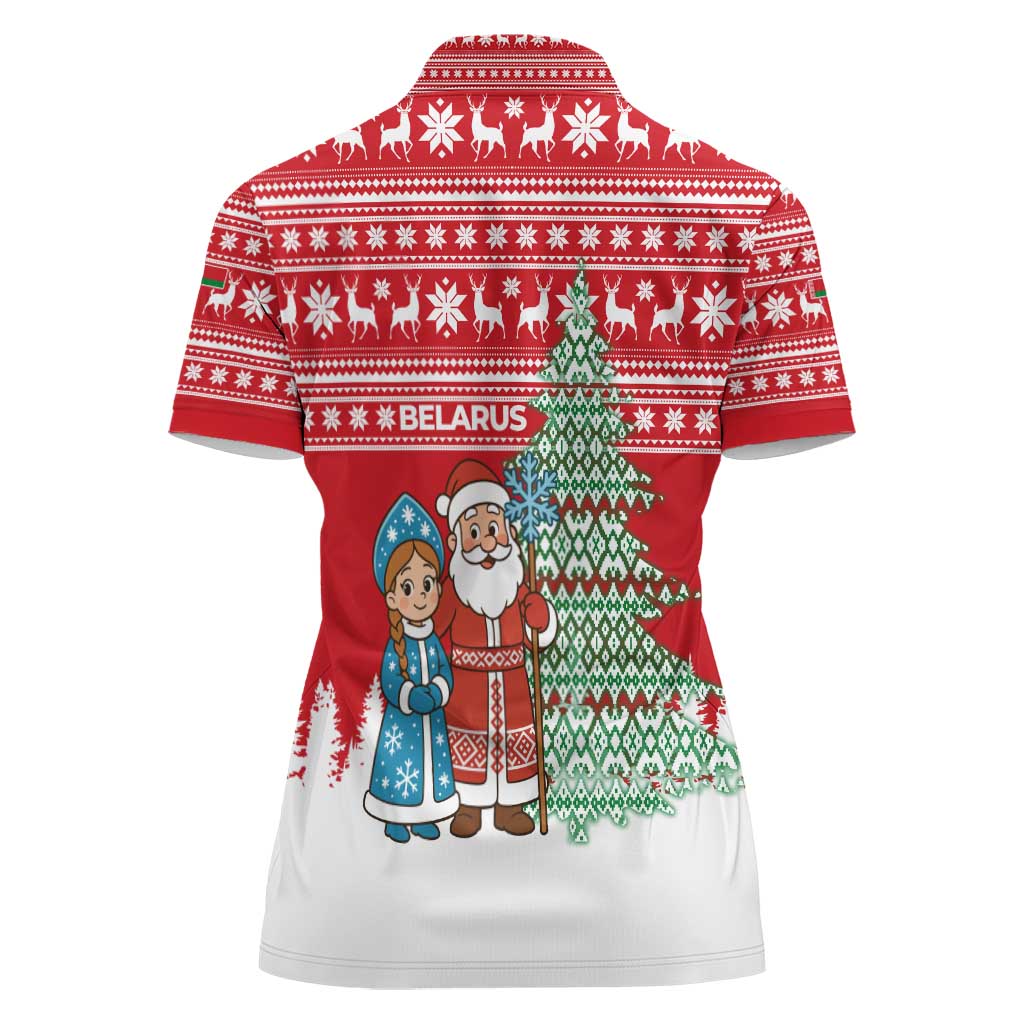 Belarus Christmas Women Polo Shirt with Ded Moroz Snow Maiden Christmas Tree and Nordic Pattern Design - Wonder Print Shop
