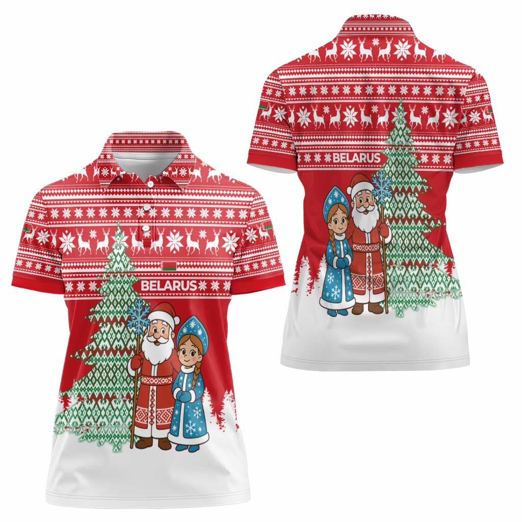 Belarus Christmas Women Polo Shirt with Ded Moroz Snow Maiden Christmas Tree and Nordic Pattern Design - Wonder Print Shop