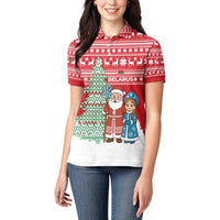 Belarus Christmas Women Polo Shirt with Ded Moroz Snow Maiden Christmas Tree and Nordic Pattern Design - Wonder Print Shop