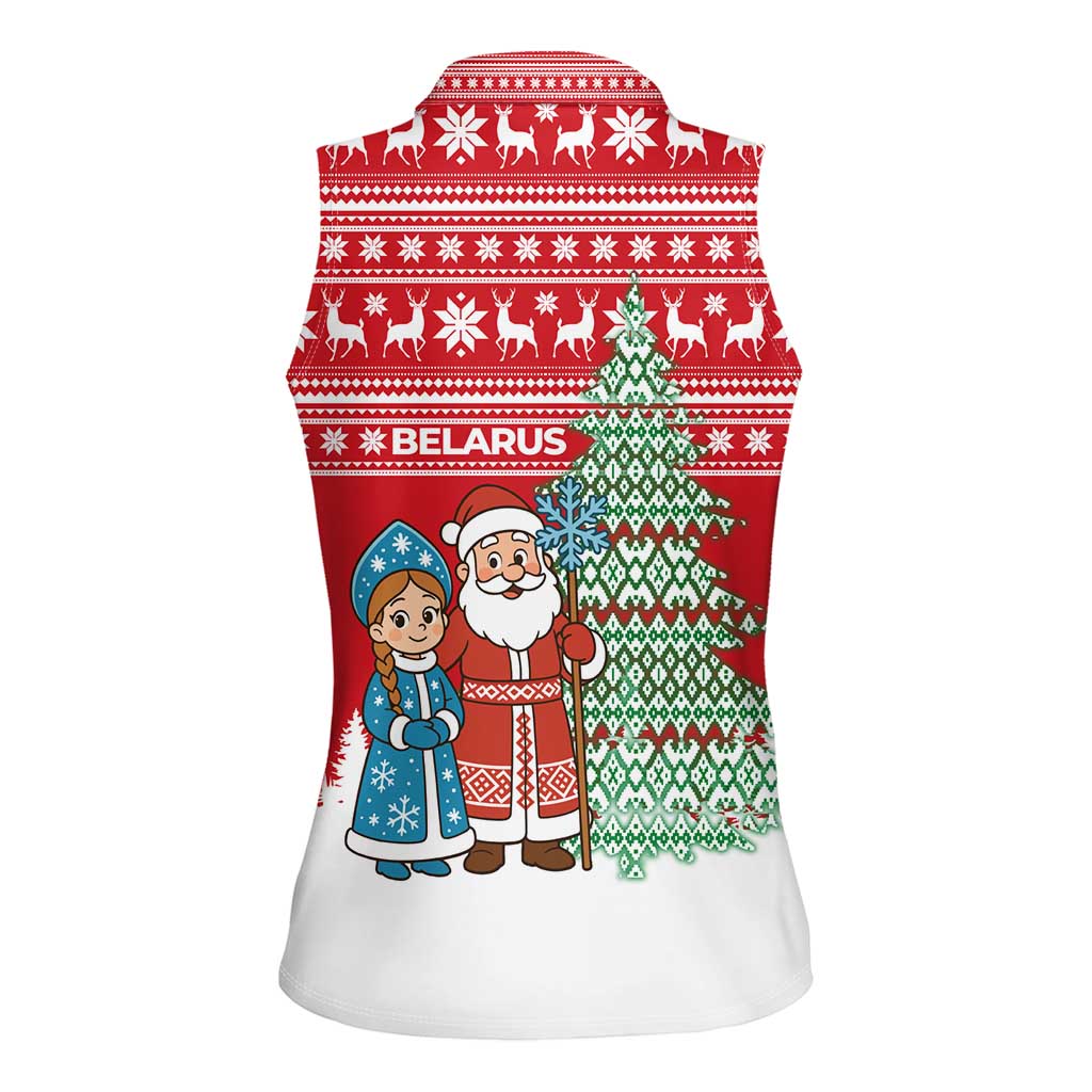 Belarus Christmas Women Sleeveless Polo Shirt with Ded Moroz Snow Maiden Christmas Tree and Nordic Pattern Design - Wonder Print Shop