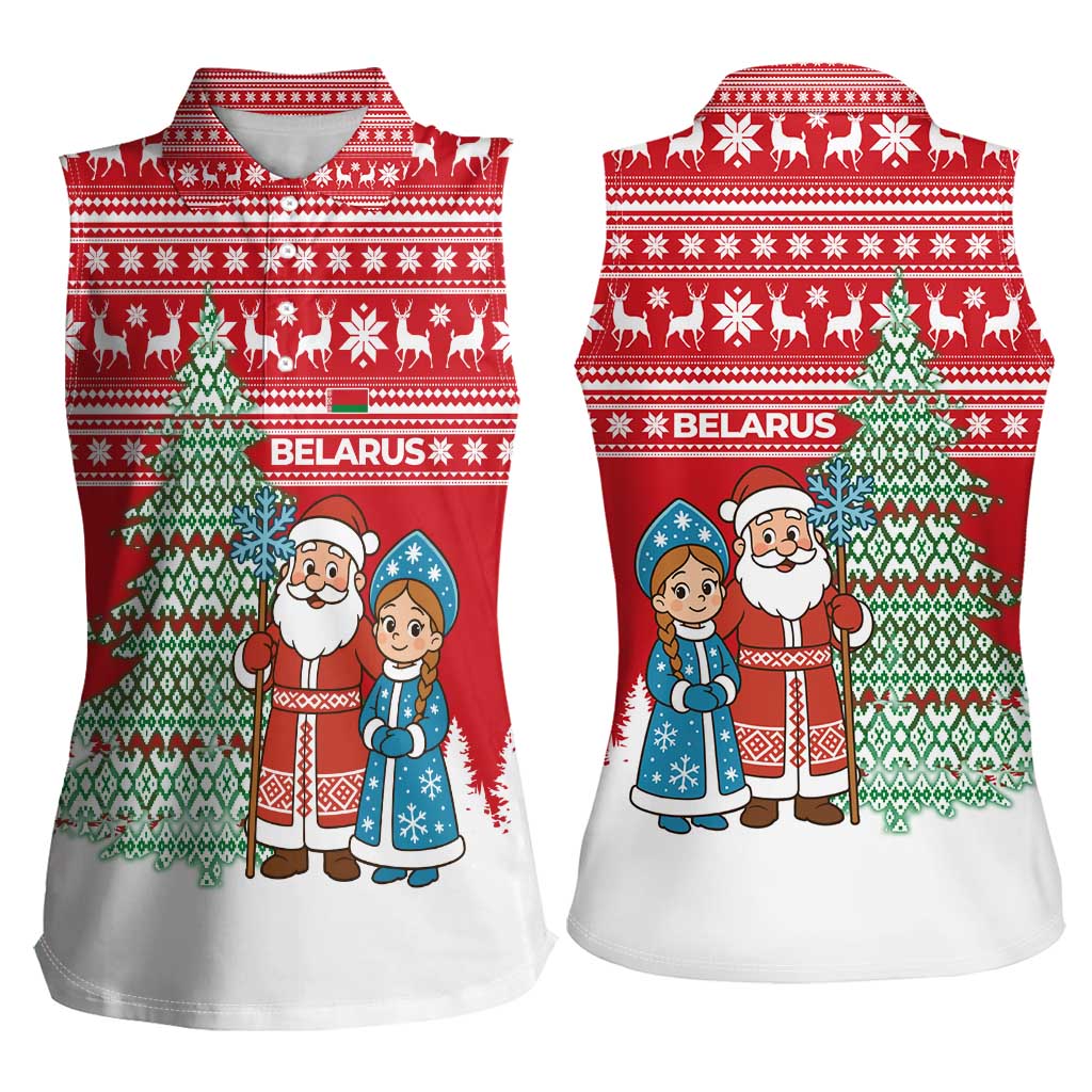 Belarus Christmas Women Sleeveless Polo Shirt with Ded Moroz Snow Maiden Christmas Tree and Nordic Pattern Design - Wonder Print Shop