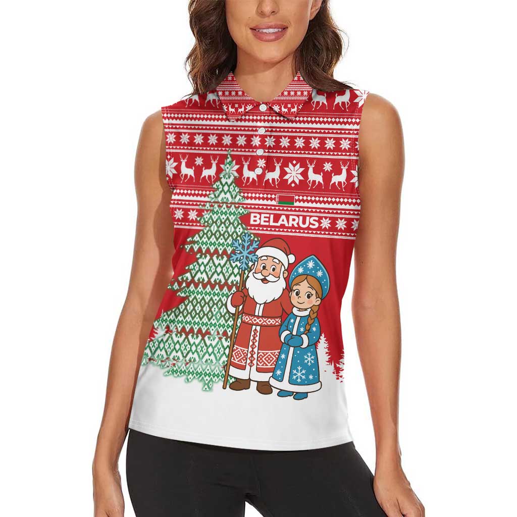 Belarus Christmas Women Sleeveless Polo Shirt with Ded Moroz Snow Maiden Christmas Tree and Nordic Pattern Design - Wonder Print Shop