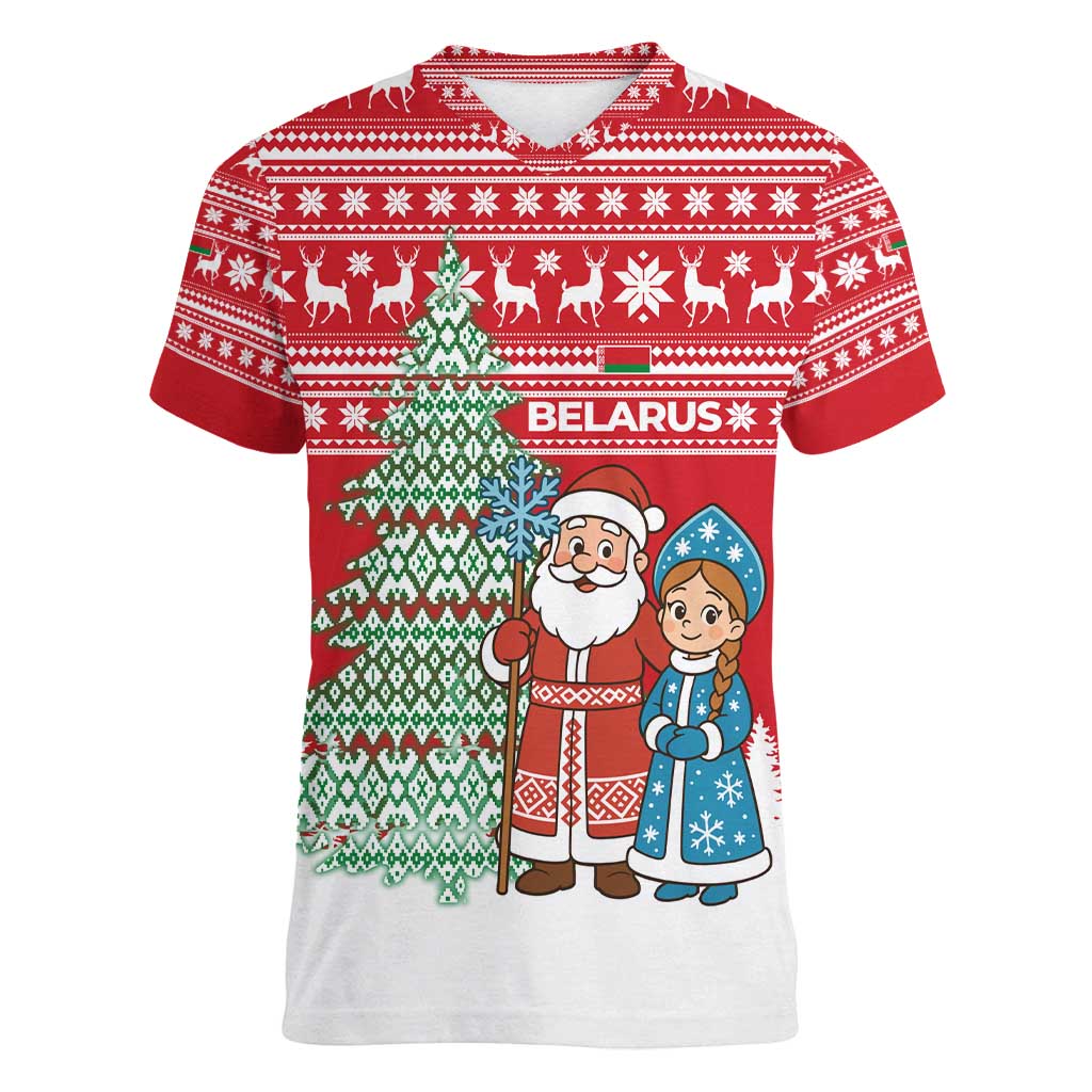 Belarus Christmas Women V-Neck T-Shirt with Ded Moroz Snow Maiden Christmas Tree and Nordic Pattern Design - Wonder Print Shop